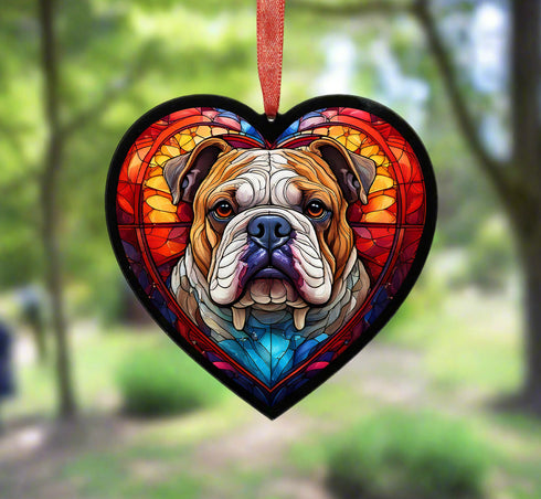Bulldog Stained Glass Effect Heart Suncatcher